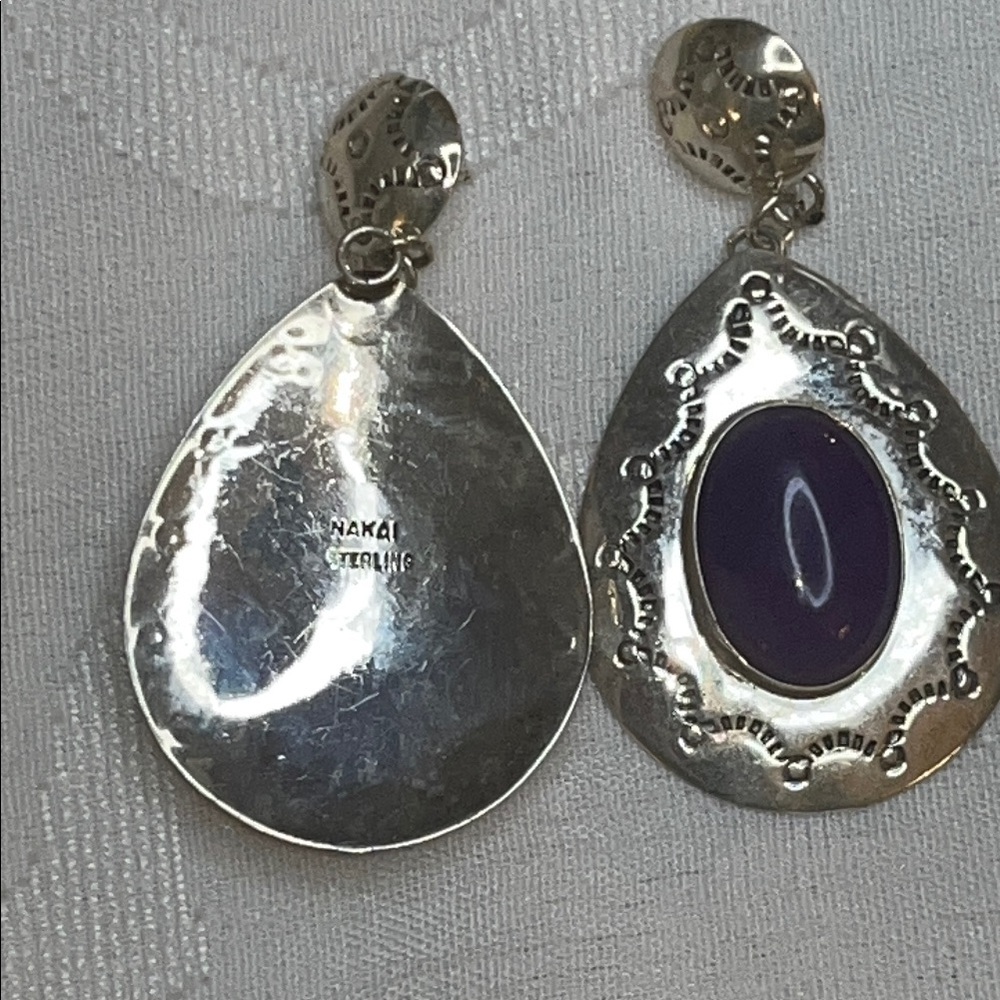 NAKAI Native  American Sterling Silver Earrings with Rich Purple Stone 1.7”